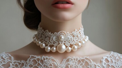 Poster - Vintageinspired lace choker adorned with pearls isolated on a simple minimalistic surface emphasizing its timeless and romantic design