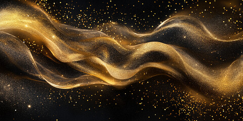 Poster - Golden fabric flow with glitters, golden sand and dust on the dark background. Luxury wallpaper, exclusive banner for advertises, award ceremonies, web banners.
