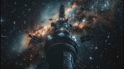Aufkleber - A space beacon in the middle of deep space with a background of stars and galaxies.