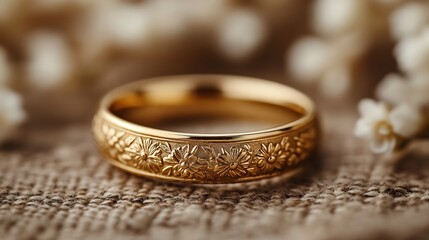 Poster - Vintageinspired wedding ring with an engraved gold band set against a plain minimalistic background highlighting its classic and elegant design