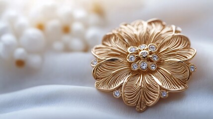 Poster - Vintage gold brooch with intricate floral patterns isolated on a soft minimalistic background highlighting its elegant craftsmanship and timeless design