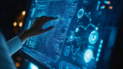 Poster - a person is using a futuristic screen that shows digital information and connections. the screen is 