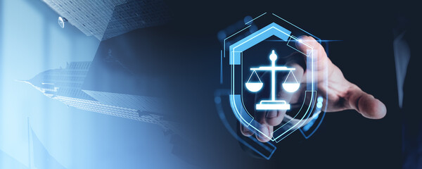 Poster - Hand pointing at digital justice symbol with scales on a modern city background.