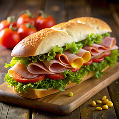 a sandwich with ham and lettuce on a cutting board.