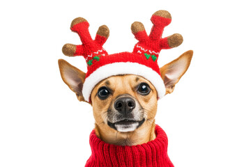 Fototapete - Cute little Dog Chihuahua wear red hat reindeer headband and festive scarf, for holiday celebration isolated on background.