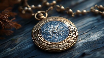 Poster - Vintage gold locket with classic filigree patterns displayed on a sleek modern surface blending oldworld charm with minimalistic elegance