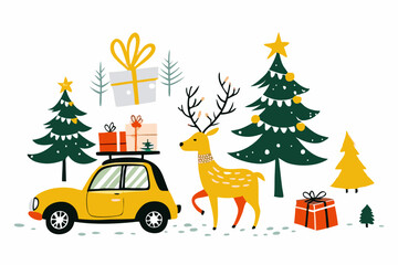 whimsical christmas illustration with gifts, reindeer, and festive trees