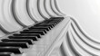 © Izzain - A close-up shot of a piano keyboard in black and white, the keys are in focus and the rest of the piano is blurred. The image has a minimalist aesthetic and creates a sense of depth with the curved li