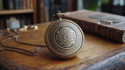 Poster - Vintage gold locket with classic filigree patterns displayed on a sleek modern surface blending oldworld charm with minimalistic elegance
