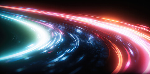 Aufkleber - Abstract arc-shaped blue and green light rays forming a wormhole on black background, 3D rendering, close-up shot, gradient, arc, glowing edge lines.