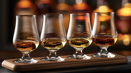 Wall Mural - Four glasses on an elegant wooden whiskey flight board, filled with different types of Scotch whiskies, bottles in the background, a black tablecloth.