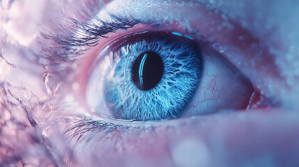 Poster - A digital blue eye, looking like a computer graphic, is placed against a fuzzy, tech-inspired background. This image represents the connection between technology and our ability to see.