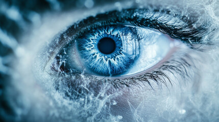 Poster - A digital blue eye, looking like a computer graphic, is placed against a fuzzy, tech-inspired background. This image represents the connection between technology and our ability to see.