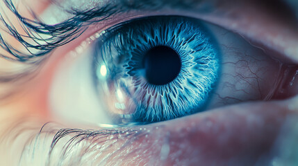 Poster - A digital blue eye, looking like a computer graphic, is placed against a fuzzy, tech-inspired background. This image represents the connection between technology and our ability to see.