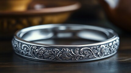 Poster - Vintage silver bangle with intricate engravings displayed on a clean minimalistic surface highlighting the timeless craftsmanship and detailed design