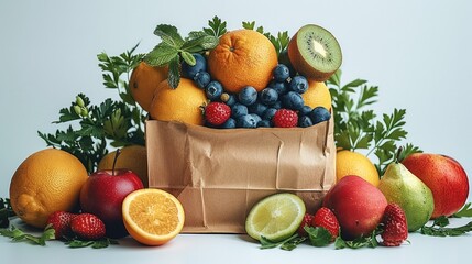 Canvas Print - A healthy food arrangement featuring fruits and vegetables in a paper bag, set on a white background with copy space for a clean, vegan eating concept.