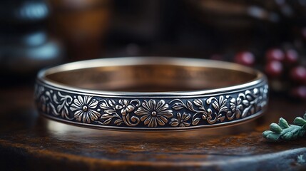 Poster - Vintage silver bangle with intricate engravings displayed on a clean minimalistic surface highlighting the timeless craftsmanship and detailed design