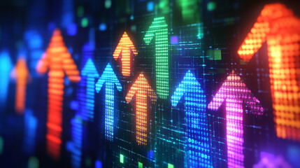 Poster - A digital screen shows rising arrows, symbolizing a strong stock market and financial success.