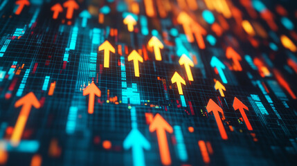 Poster - A digital screen shows rising arrows, symbolizing a strong stock market and financial success.