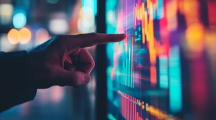Poster - A man's hand points to a colorful, glowing chart on a blurry office background.  This represents the world of trading, finance, and statistics.