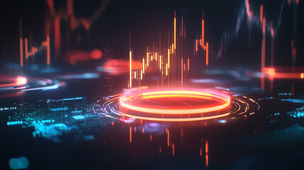 Poster - A glowing candlestick chart and a map hologram float in the dark. This image represents stock trading, investing, and the global market.