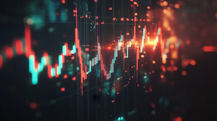 Poster - A glowing candlestick chart and a map hologram float in the dark. This image represents stock trading, investing, and the global market.