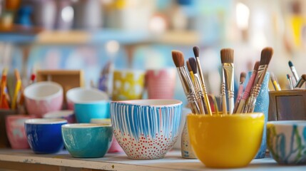 Aufkleber - A serene ceramics painting workshop with ceramic paints and pottery, Painting tools organized on a worktable, Artistic workshop style