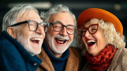 Joyful seniors laughing together, warm and vibrant atmosphere, candid moments.