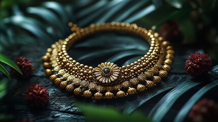 Poster - Antique gold necklace with baroquestyle detailing set against a minimalistic backdrop showcasing the beauty of historical gold craftsmanship