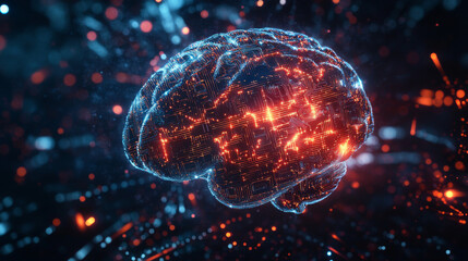Poster - A futuristic AI brain, made of circuits, is shown learning and solving problems. The background is a swirling mix of digital patterns, created using 3D technology.