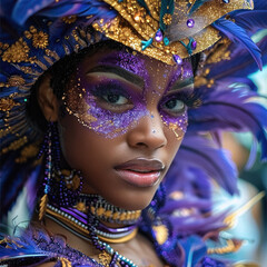 Pretty African American woman in purple and gold, feather costume with purple and gold face paint.