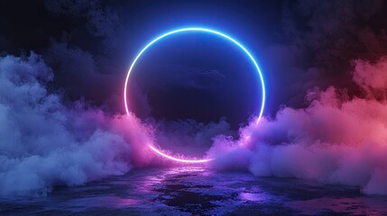 Abstract neon background. Glowing neon circle in dark room with smoke and smog. Empty scene for your design