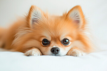 a little dog on a white background lying down paws forward