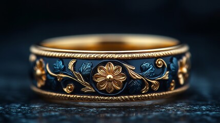 Poster - antique gold ring with baroquestyle ornamentation set against a minimalistic black background showca