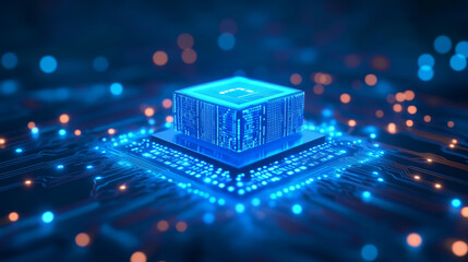 Poster - A futuristic, blue hologram of a circuit board, showing how banking is changing with technology. It represents the idea of online banking and digital transformation.