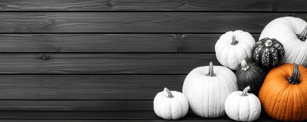 Aufkleber - Colorful pumpkins arranged on a textured black wooden background