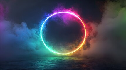 Abstract neon background. Glowing neon circle in dark room with smoke and smog. Empty scene for your design