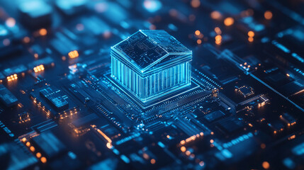 Poster - A futuristic, blue hologram of a circuit board, showing how banking is changing with technology. It represents the idea of online banking and digital transformation.
