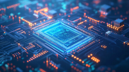 Poster - A futuristic, blue hologram of a circuit board, showing how banking is changing with technology. It represents the idea of online banking and digital transformation.