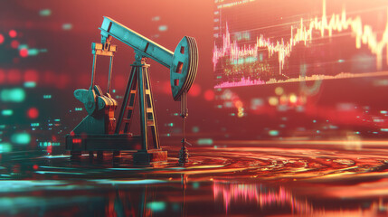 Poster - A swirling oil pump image with a falling stock chart hologram overlayed on top. This represents the idea of financial trouble in the oil industry and the global market.