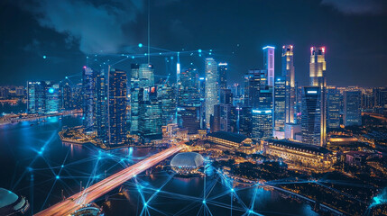 Poster - a futuristic city skyline, illuminated at night, with swirling blue lines representing the connectio
