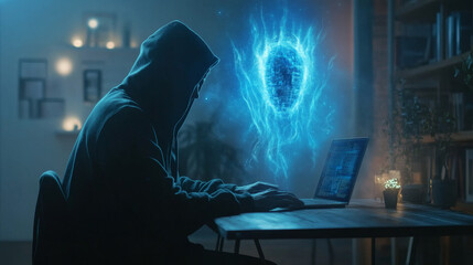 Poster - A hooded figure sits at a laptop, a glowing blue AI hologram floating in the air behind them. The scene represents the ideas of artificial intelligence, technology, and new inventions.