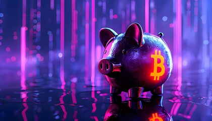 Futuristic piggy bank with Bitcoin symbol on vibrant neon background, fintech innovation