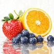 © Inur_Collections - A vibrant arrangement of fresh strawberries, blueberries, and an orange on a reflective surface.