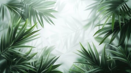 Poster - Blurred white background with green palm leaves, and the light gray creates an elegant atmosphere. The palm leaves form a layered pattern. Soft light illuminates them from above.