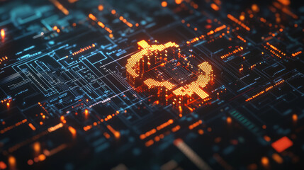 Poster - A digital euro symbol is shown on a dark background, surrounded by circuits and a financial chart. This image represents the concepts of investing, digital currency, and traditional money.