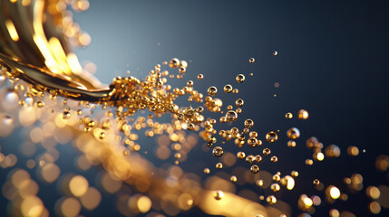 Poster - Golden liquid flows gracefully, creating mesmerizing display of bubbles and droplets against soft, blurred background. shimmering effect evokes sense of luxury and elegance