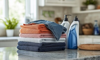 Poster - A stack of clean, folded towels with laundry detergent bottles on a countertop in a kitchen.