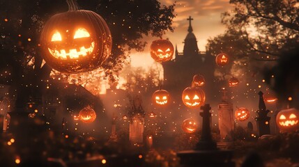 Wall Mural - Spooky Halloween scene with glowing jack-o'-lanterns hanging from trees in a graveyard.