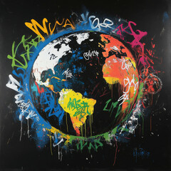 graffiti-inspired artwork depicting the earth with various colors and graffiti-style tags, against a